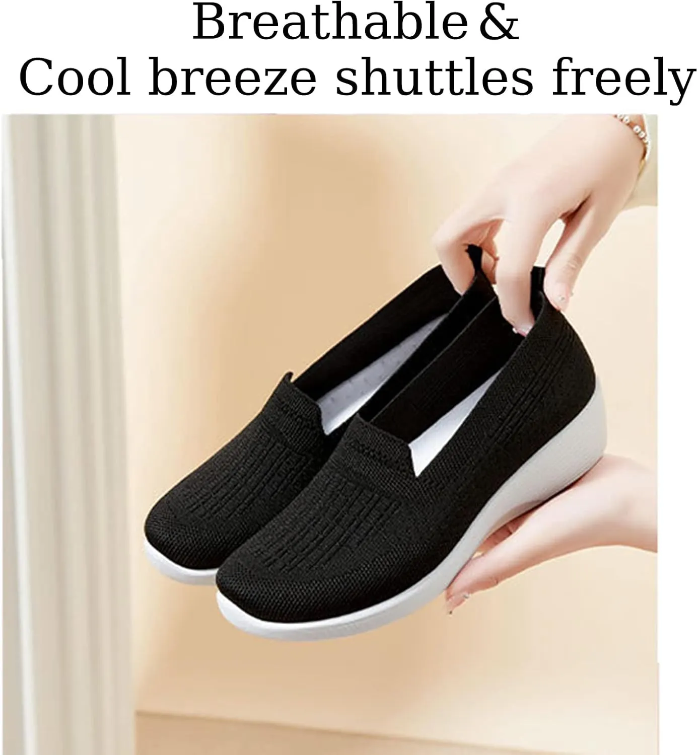 Crepuscute Women's Knitted Mesh Round Toe Low Wedge Loafers Slip On Lightweight Thicken Memory Foam Shoes Comfortable Non-Slip Soft Bottom Casual Walking Shoes
