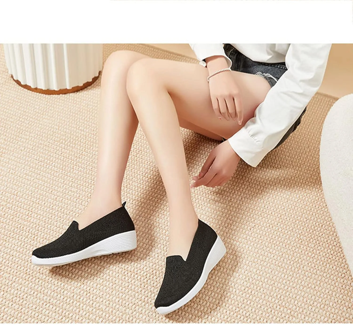 Crepuscute Women's Knitted Mesh Round Toe Low Wedge Loafers Slip On Lightweight Thicken Memory Foam Shoes Comfortable Non-Slip Soft Bottom Casual Walking Shoes