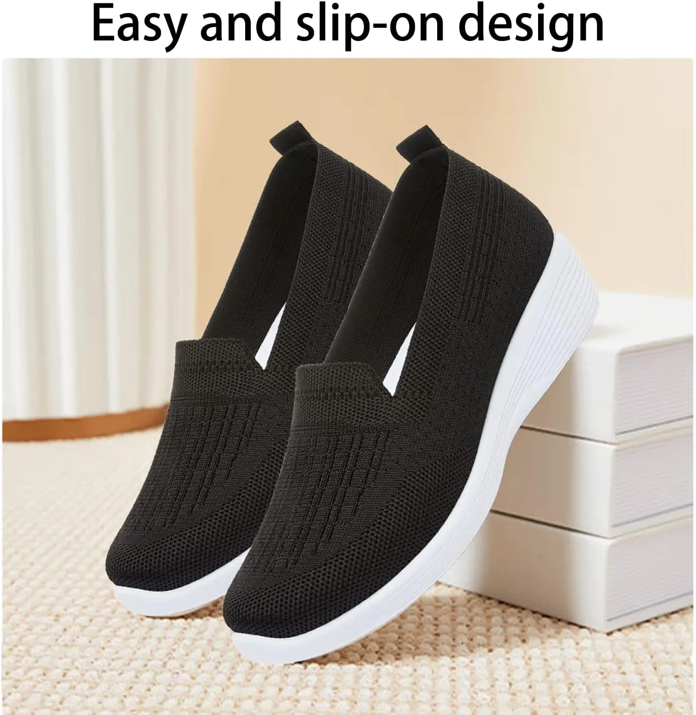 Crepuscute Women's Knitted Mesh Round Toe Low Wedge Loafers Slip On Lightweight Thicken Memory Foam Shoes Comfortable Non-Slip Soft Bottom Casual Walking Shoes