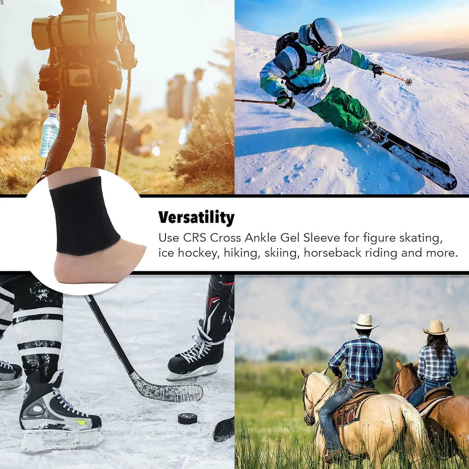 CRS Cross Ankle Gel Sleeves. One Pair of Premium Padded Skate Socks to Cushion and Protect Ankle, Foot and Leg for Figure Skating, Ice Hockey, Roller, Inline Skates. Riding or Ski Boots.