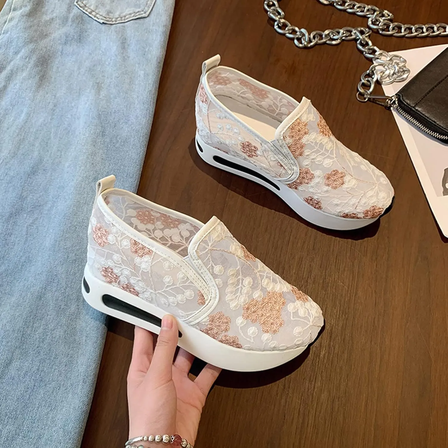 Crzidha Platform Wedge Fashion Sneakers for Women,Embroidery Floral Sheer Mesh Lace Walking Dress Shoes with Arch Support Chunky Hidden High Heels Slip On Loafers Dressy Low Top Play Sneakers