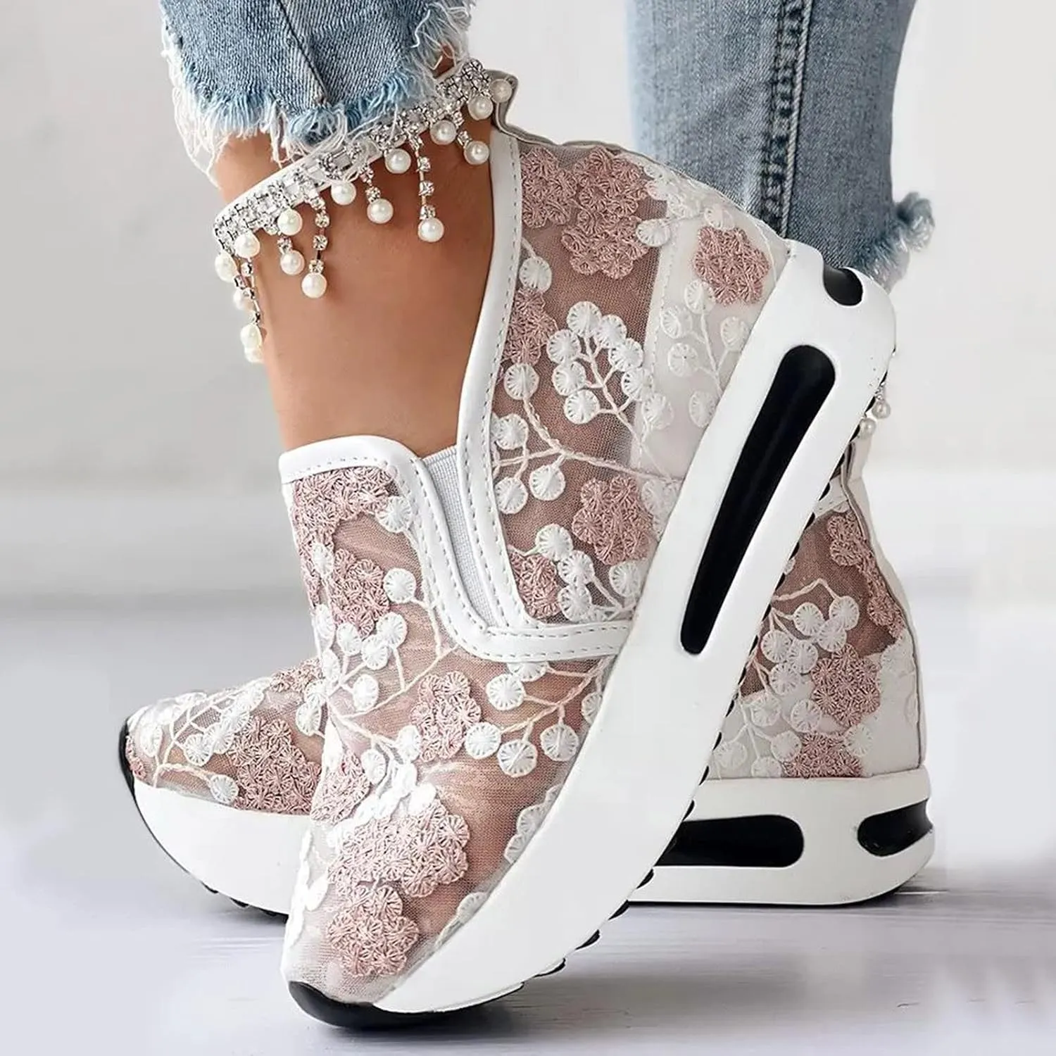 Crzidha Platform Wedge Fashion Sneakers for Women,Embroidery Floral Sheer Mesh Lace Walking Dress Shoes with Arch Support Chunky Hidden High Heels Slip On Loafers Dressy Low Top Play Sneakers