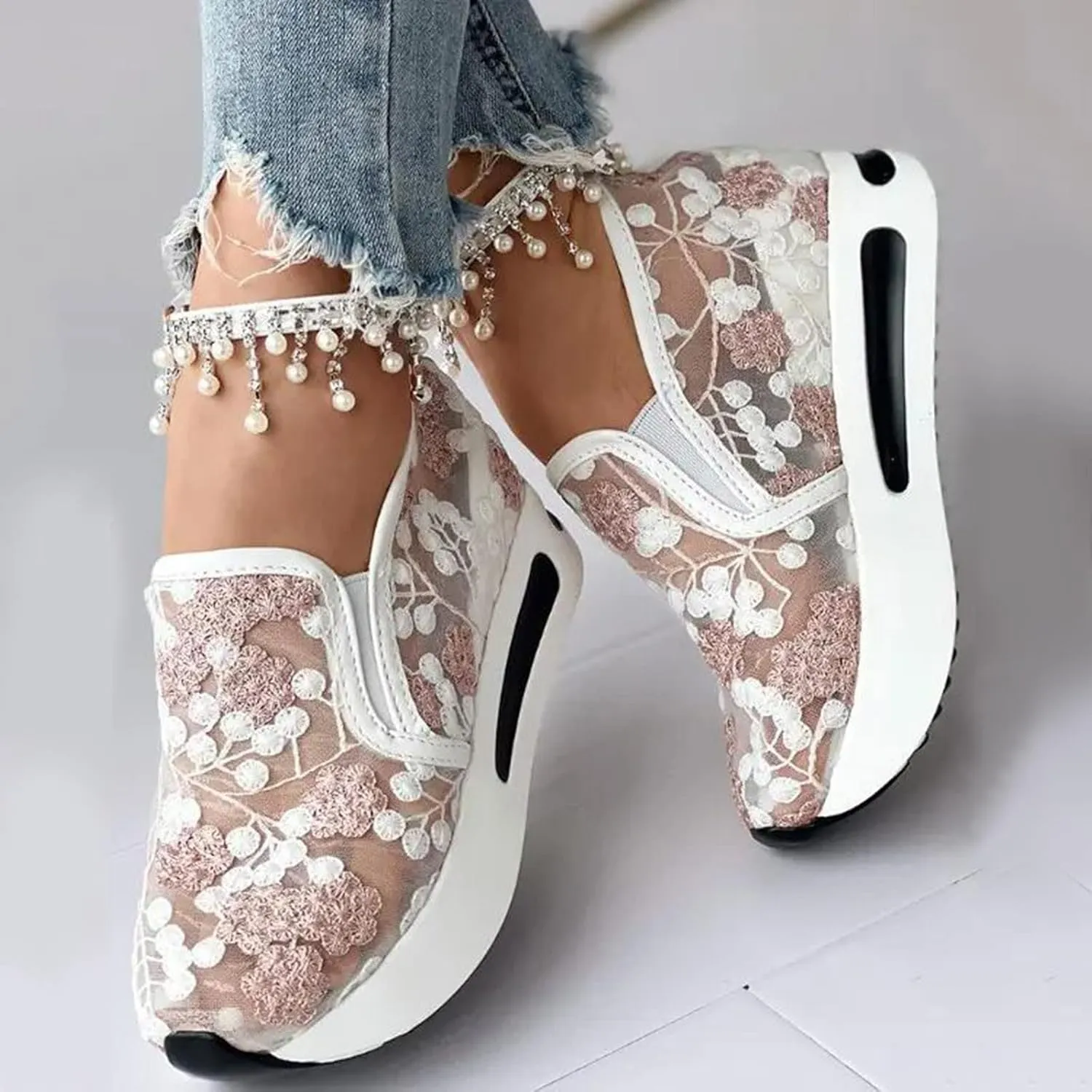 Crzidha Platform Wedge Fashion Sneakers for Women,Embroidery Floral Sheer Mesh Lace Walking Dress Shoes with Arch Support Chunky Hidden High Heels Slip On Loafers Dressy Low Top Play Sneakers