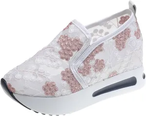 Crzidha Platform Wedge Fashion Sneakers for Women,Embroidery Floral Sheer Mesh Lace Walking Dress Shoes with Arch Support Chunky Hidden High Heels Slip On Loafers Dressy Low Top Play Sneakers