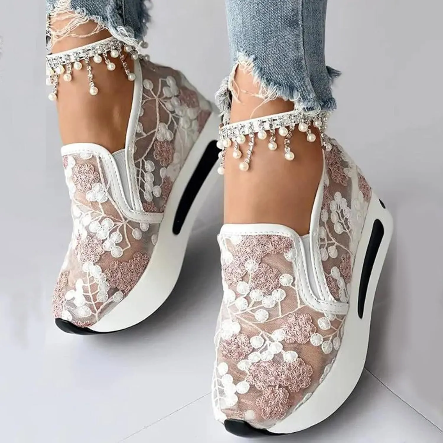 Crzidha Platform Wedge Fashion Sneakers for Women,Embroidery Floral Sheer Mesh Lace Walking Dress Shoes with Arch Support Chunky Hidden High Heels Slip On Loafers Dressy Low Top Play Sneakers