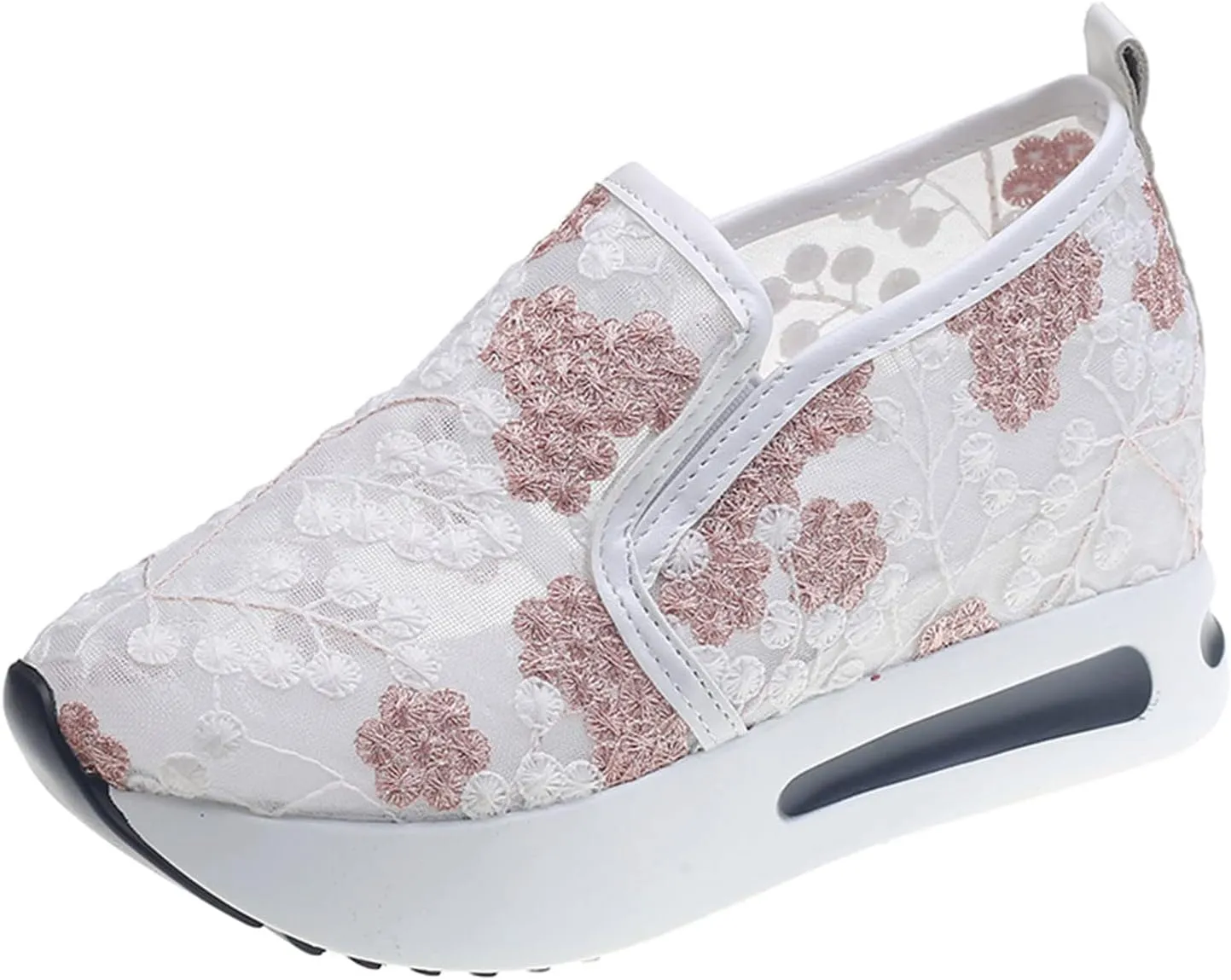 Crzidha Platform Wedge Fashion Sneakers for Women,Embroidery Floral Sheer Mesh Lace Walking Dress Shoes with Arch Support Chunky Hidden High Heels Slip On Loafers Dressy Low Top Play Sneakers