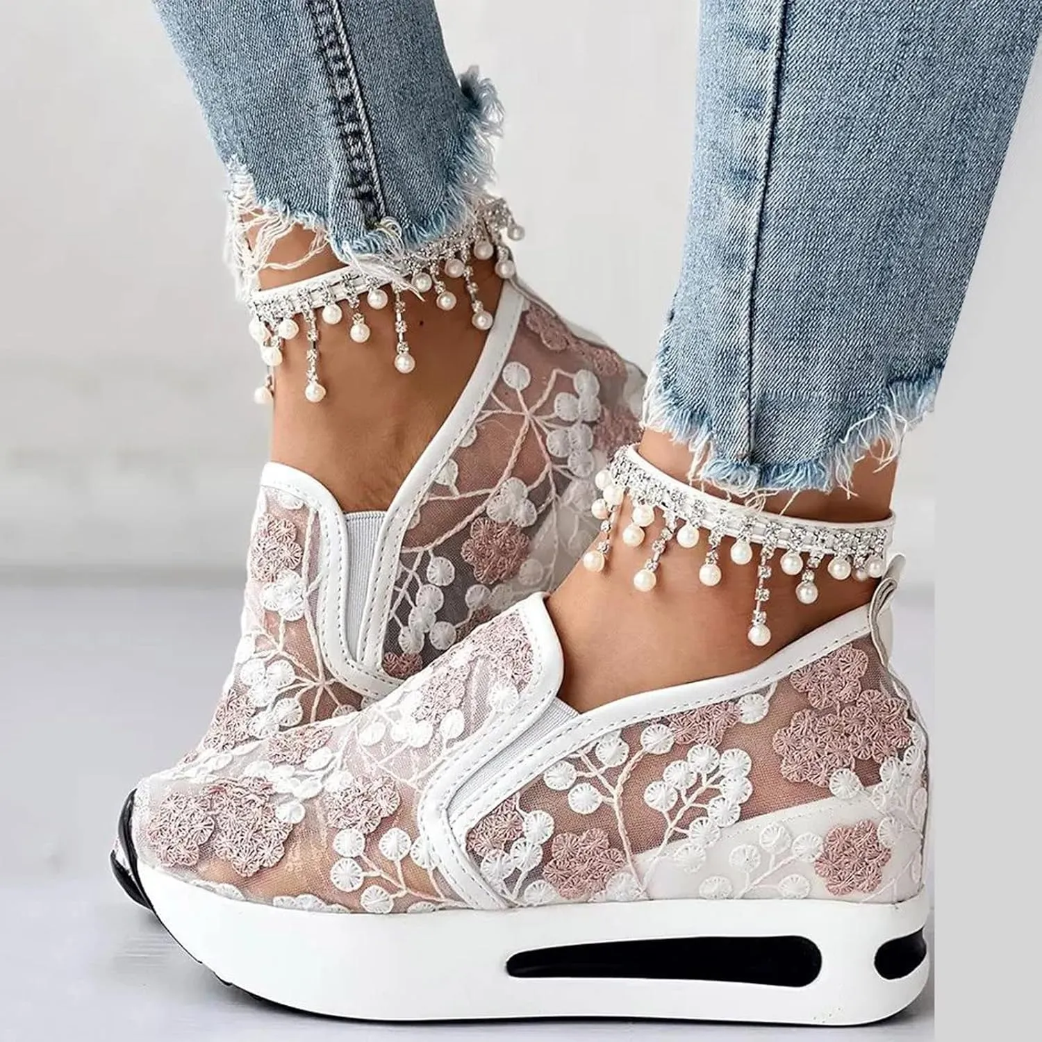 Crzidha Platform Wedge Fashion Sneakers for Women,Embroidery Floral Sheer Mesh Lace Walking Dress Shoes with Arch Support Chunky Hidden High Heels Slip On Loafers Dressy Low Top Play Sneakers