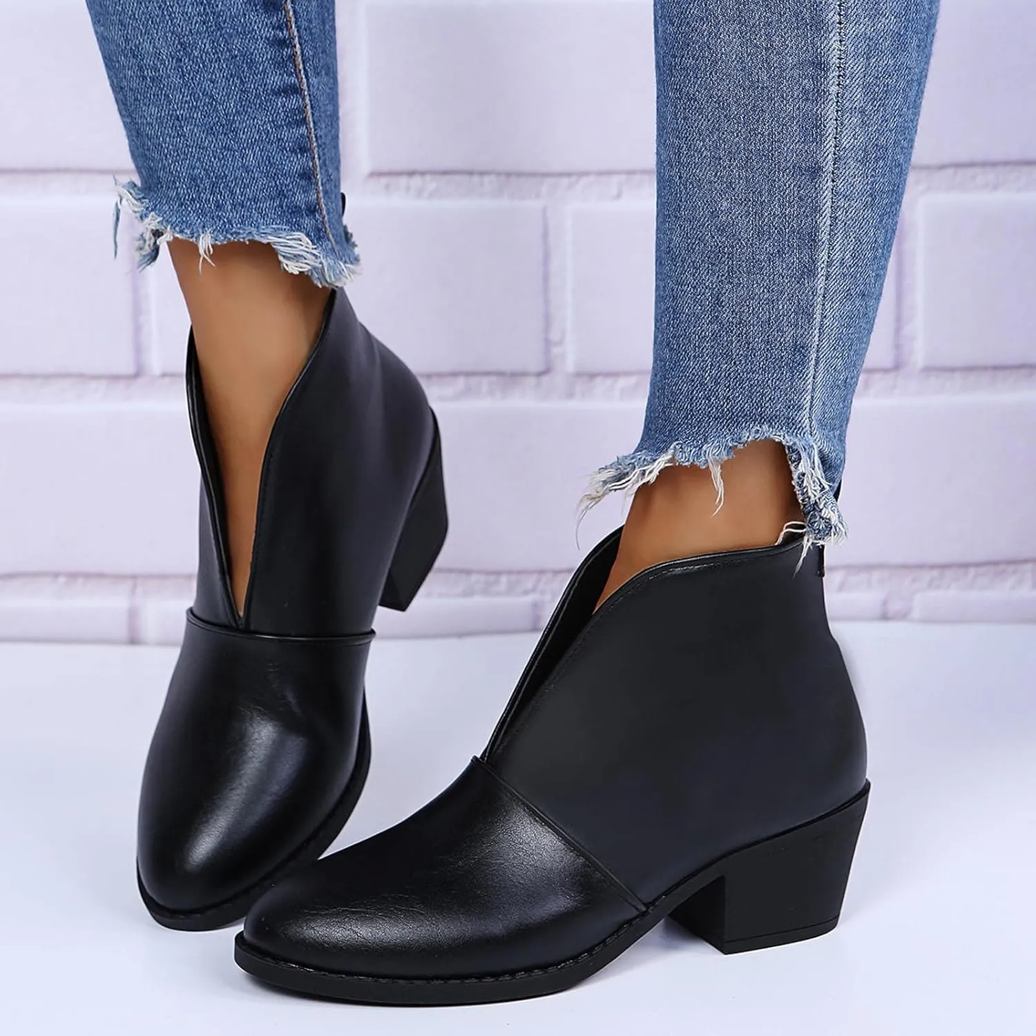 Ctreela Womens Dressy Cutout Slip On Ankle Boots Fashion 2023 Leopard/Snakeskin/Solid Low Stacked Heel Western Booties Shoes