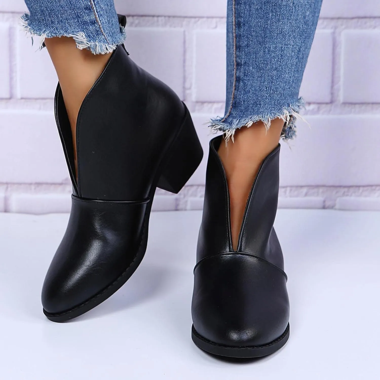 Ctreela Womens Dressy Cutout Slip On Ankle Boots Fashion 2023 Leopard/Snakeskin/Solid Low Stacked Heel Western Booties Shoes