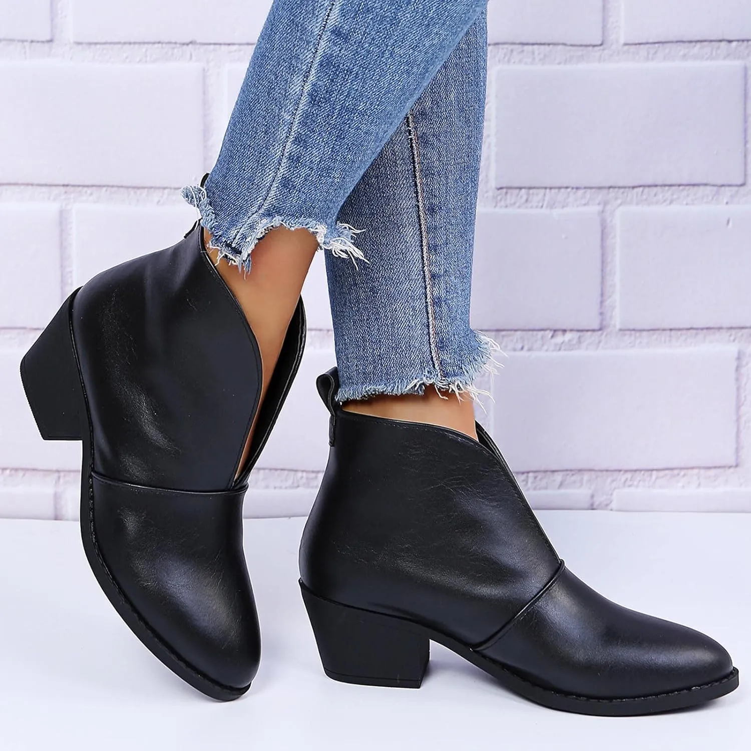 Ctreela Womens Dressy Cutout Slip On Ankle Boots Fashion 2023 Leopard/Snakeskin/Solid Low Stacked Heel Western Booties Shoes