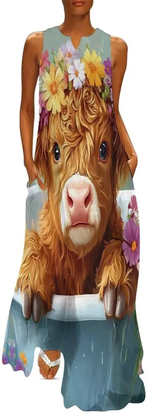 Cute Highland Cow In Bath Women's Summer Sleeveless Dress Ruffle Flowy Casual Ankle Length Dresses with Pockets