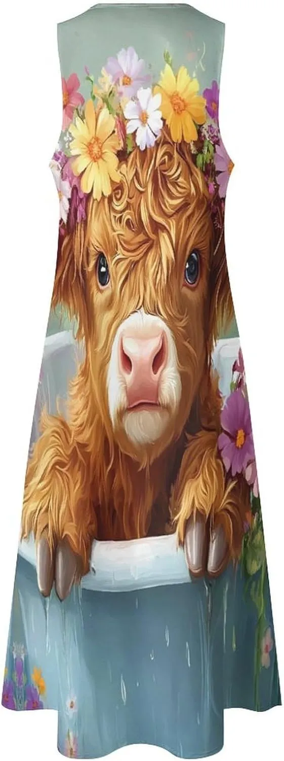 Cute Highland Cow In Bath Women's Summer Sleeveless Dress Ruffle Flowy Casual Ankle Length Dresses with Pockets