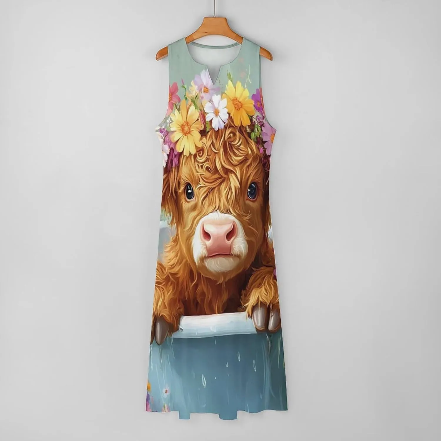 Cute Highland Cow In Bath Women's Summer Sleeveless Dress Ruffle Flowy Casual Ankle Length Dresses with Pockets