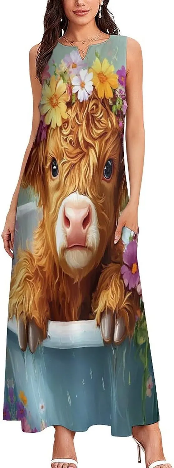 Cute Highland Cow In Bath Women's Summer Sleeveless Dress Ruffle Flowy Casual Ankle Length Dresses with Pockets