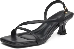 DADAWEN Women's Dressy Strappy Low Kitten Heel Square Open Toe Sandals Buckle Strap Summer Dress Shoes Pumps for Party Wedding Dance Evening