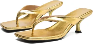 DADAWEN Women's Kitten Heels Thong Sandals Square Open Toe Flip Flop Heels Slip On Fashion Summer Dressy Party Wedding Pumps Heeled Sandals