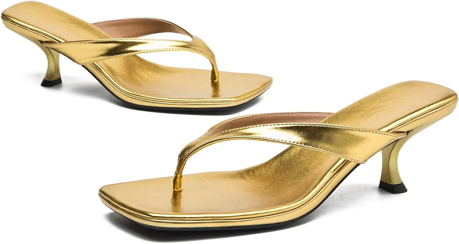DADAWEN Women's Kitten Heels Thong Sandals Square Open Toe Flip Flop Heels Slip On Fashion Summer Dressy Party Wedding Pumps Heeled Sandals