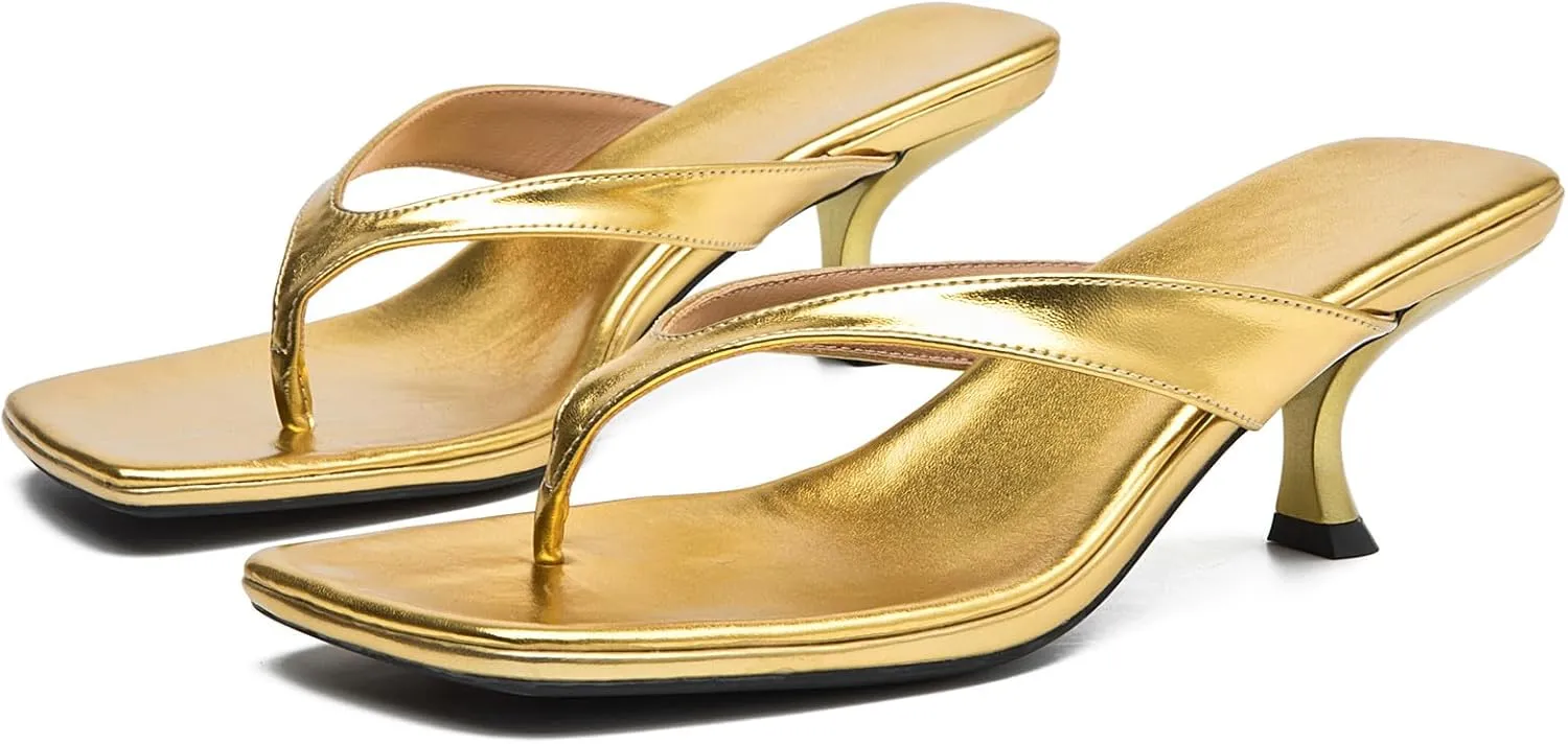DADAWEN Women's Kitten Heels Thong Sandals Square Open Toe Flip Flop Heels Slip On Fashion Summer Dressy Party Wedding Pumps Heeled Sandals