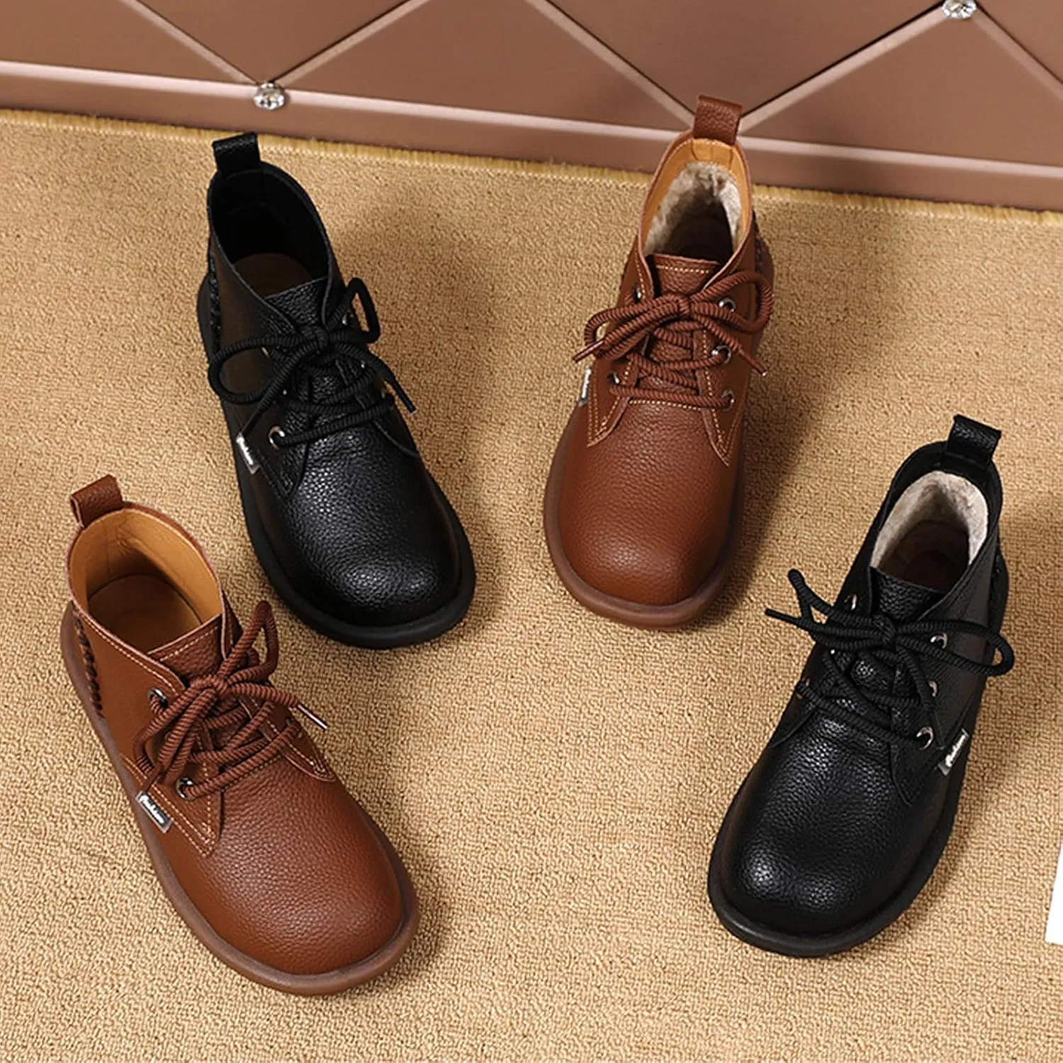 DirraBra Women's Hand Leather Lace Up Flat Chukka Boots Fashion Retro Warm Non-Slip Low Heel Walk Shoes Autumn Winter Outdoor Leisure Round Toe Softsole Ankle Booties