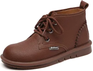 DirraBra Women's Hand Leather Lace Up Flat Chukka Boots Fashion Retro Warm Non-Slip Low Heel Walk Shoes Autumn Winter Outdoor Leisure Round Toe Softsole Ankle Booties