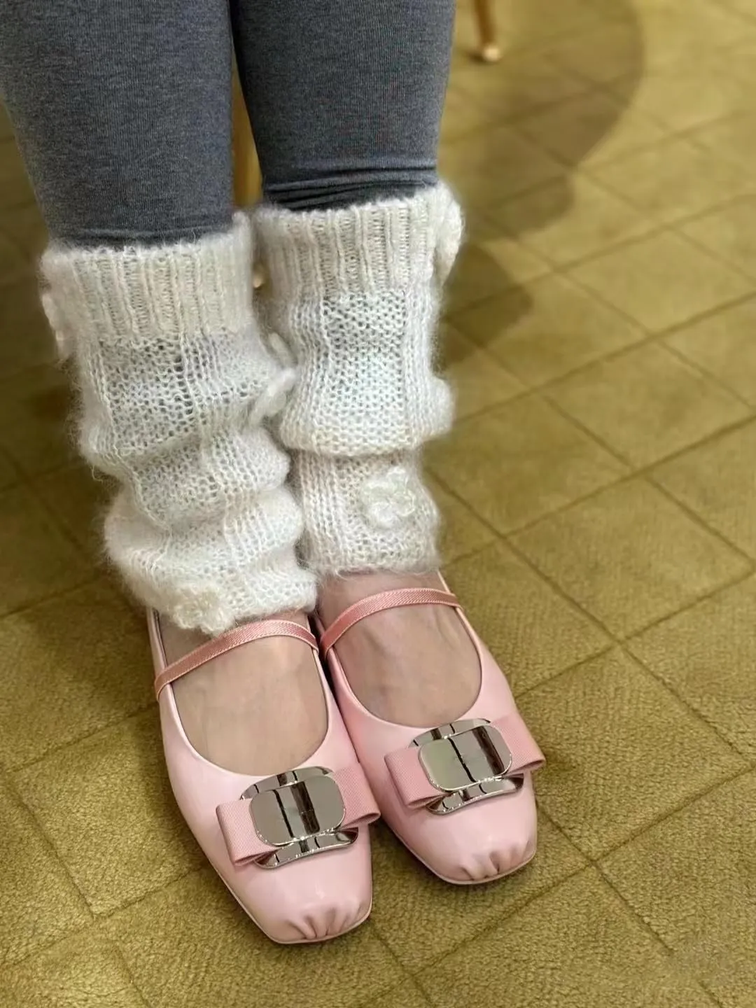 Divanne Ballet Flats for Women, Bowtie Mary Jane Flats Square Toe Ballerina Shoes with Strap