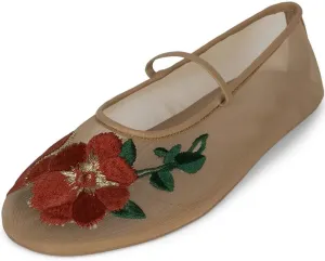 Divanne Mesh Ballet Flats for Women, Floral-Embroidered Tulle Mary Jane Flats Casual Comfortable Ballerina Shoes with Strap