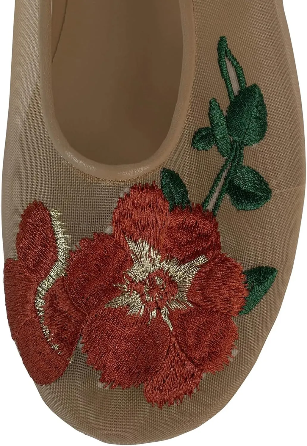 Divanne Mesh Ballet Flats for Women, Floral-Embroidered Tulle Mary Jane Flats Casual Comfortable Ballerina Shoes with Strap