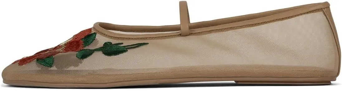 Divanne Mesh Ballet Flats for Women, Floral-Embroidered Tulle Mary Jane Flats Casual Comfortable Ballerina Shoes with Strap