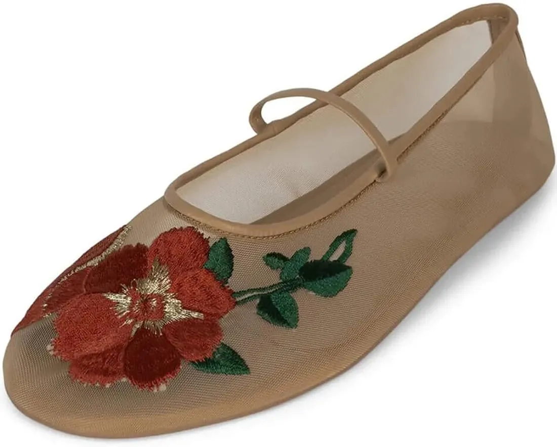 Divanne Mesh Ballet Flats for Women, Floral-Embroidered Tulle Mary Jane Flats Casual Comfortable Ballerina Shoes with Strap