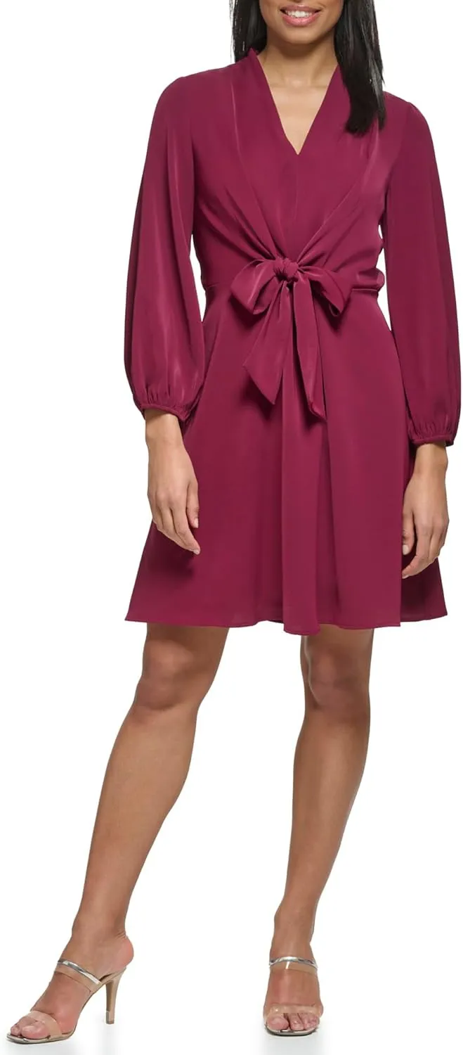 DKNY womens Long Sleeve Wear to Work Front Tie Waist Dress