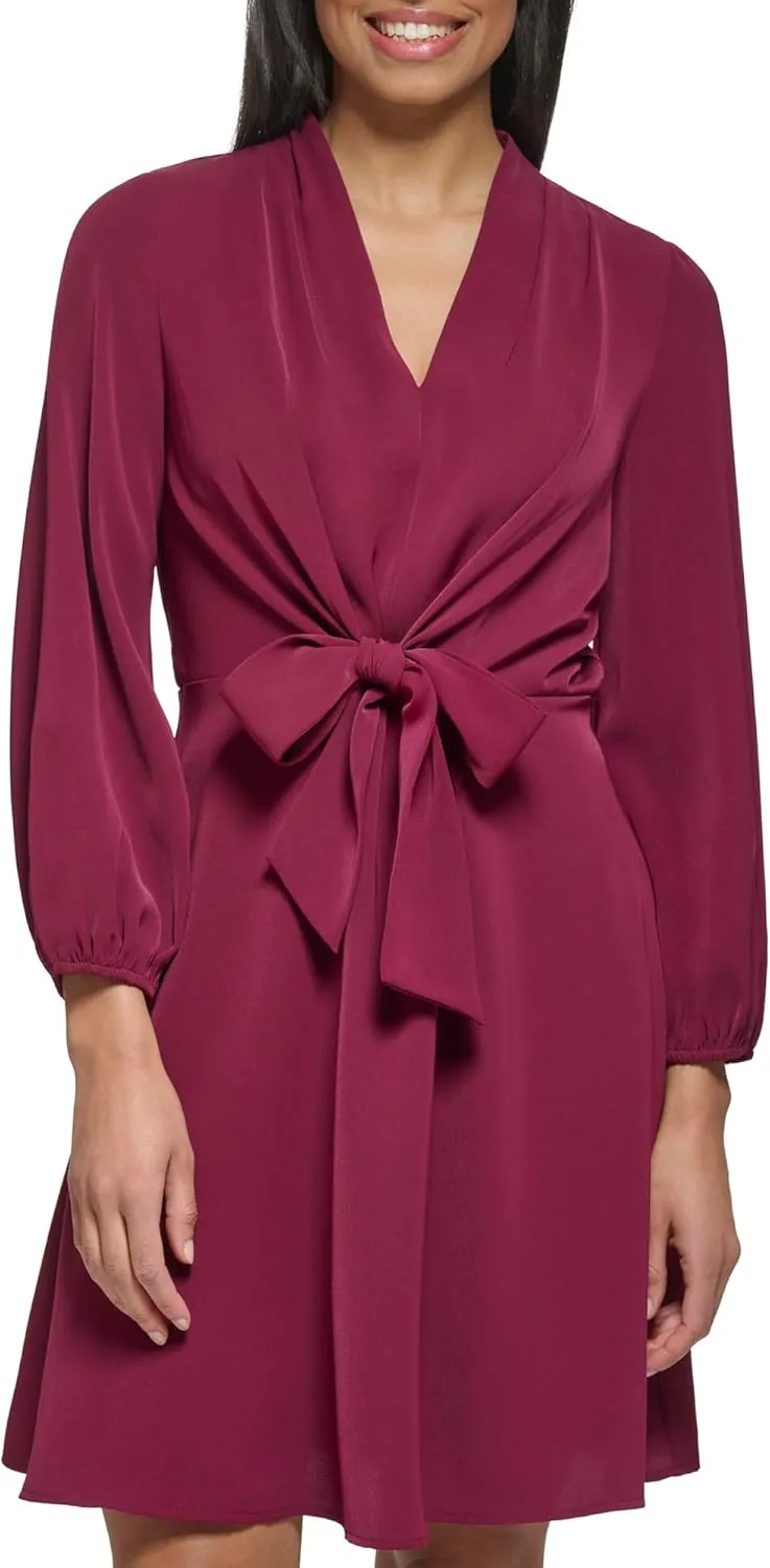 DKNY womens Long Sleeve Wear to Work Front Tie Waist Dress