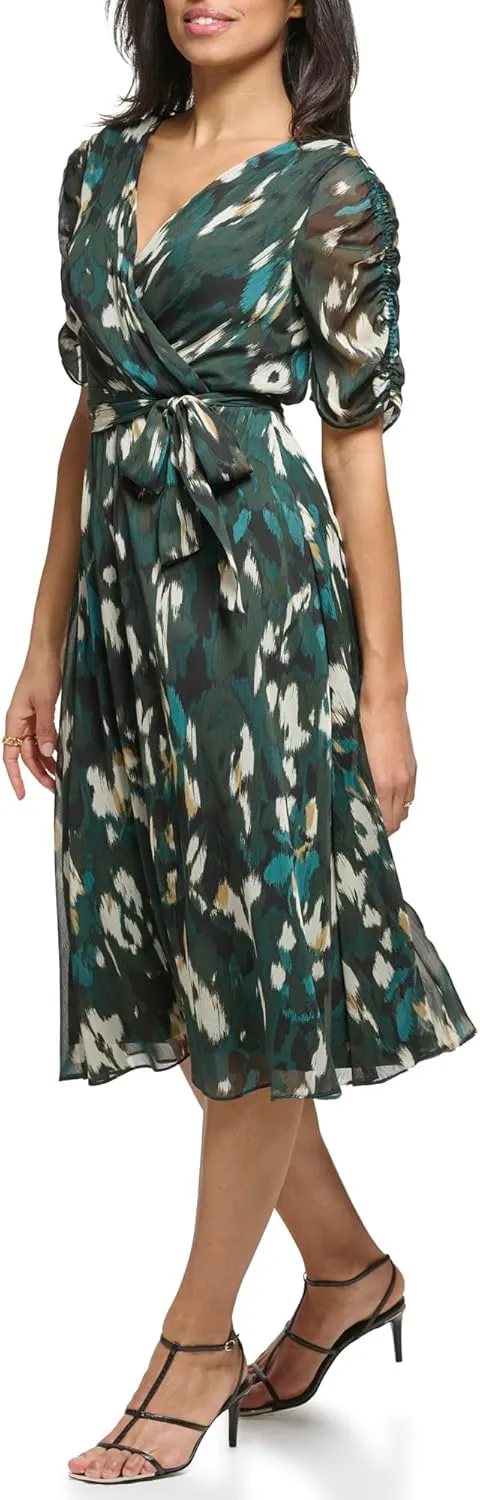 DKNY womens Short Sleeve Faux Wrap Midi Dress