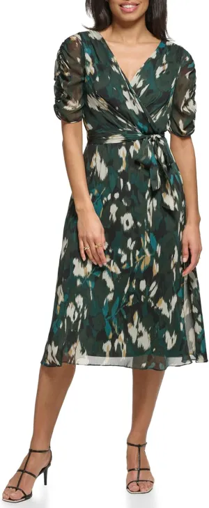 DKNY womens Short Sleeve Faux Wrap Midi Dress