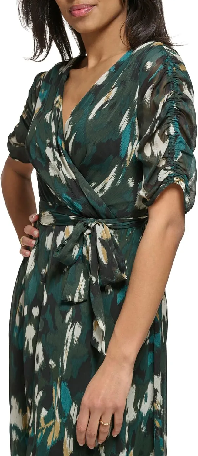 DKNY womens Short Sleeve Faux Wrap Midi Dress