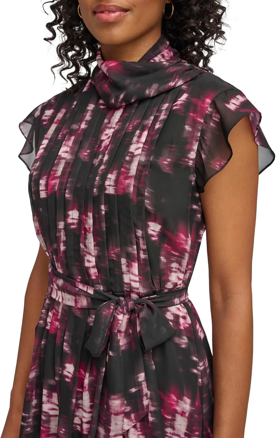 DKNY Women's Sleeveless Tie Neck Pleated Dress