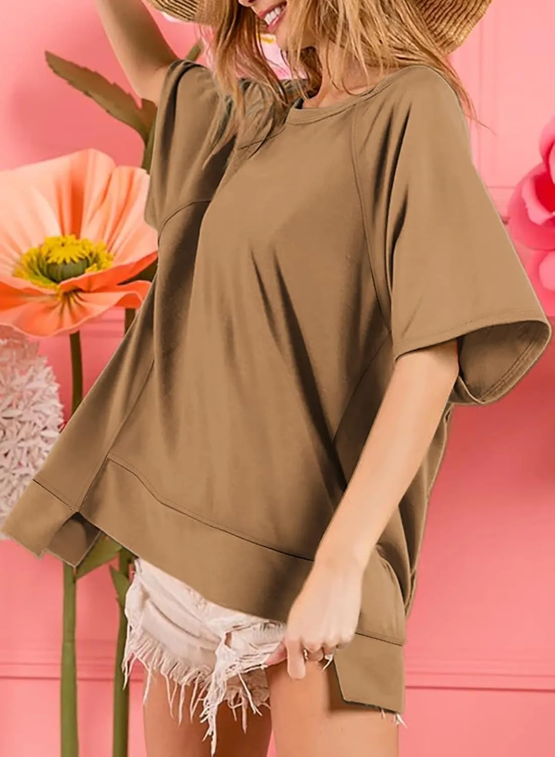 Dokotoo Oversized T Shirts for Women Crewneck Short Sleeve Casual Summer Tops Lightweight Loose High Low Blouse