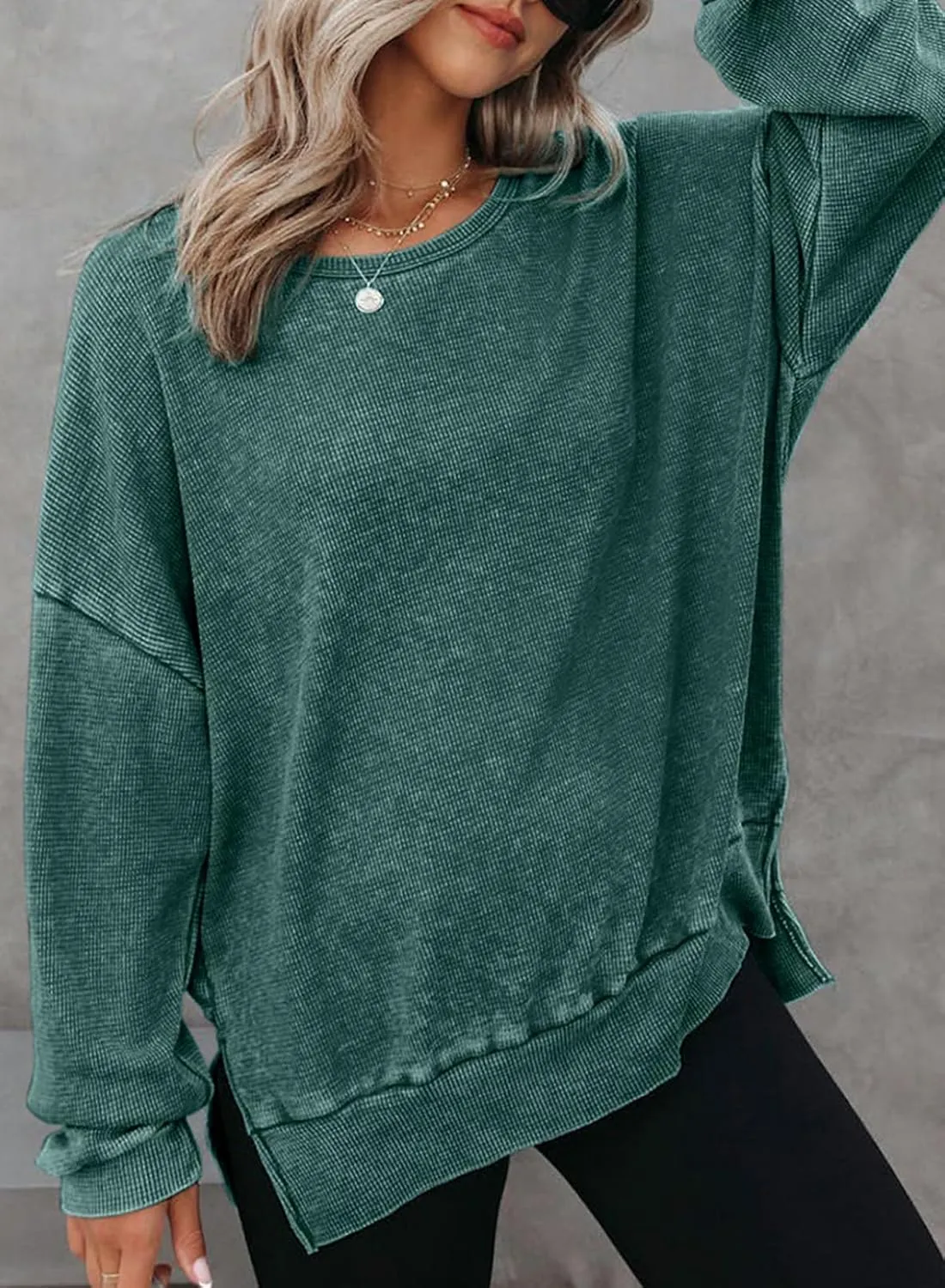 Dokotoo Womens Oversized Waffle Knit Crewneck Sweatshirts Long Sleeve Side Slits Casual Pullover Sweatshirt Tops