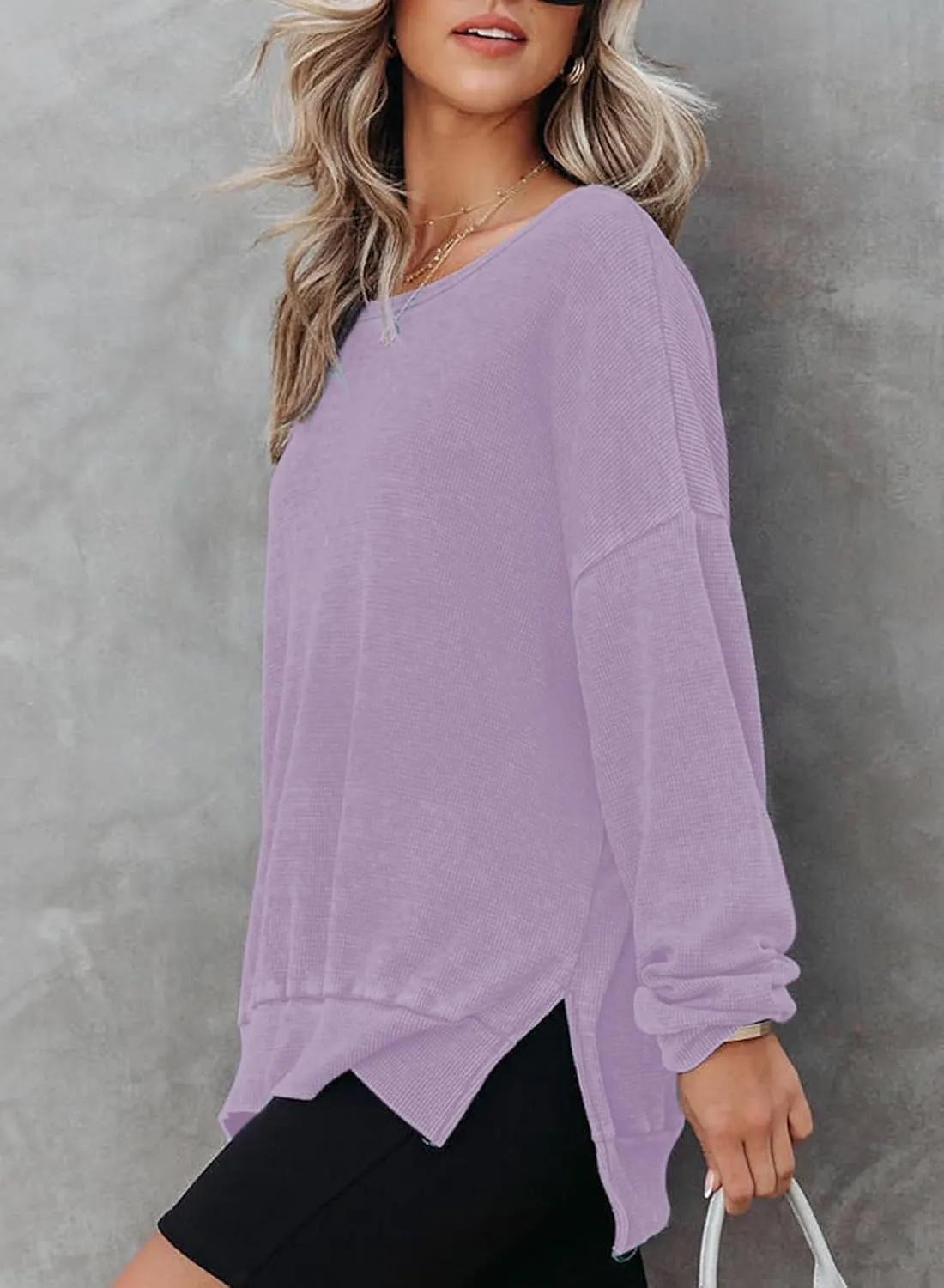 Dokotoo Womens Oversized Waffle Knit Crewneck Sweatshirts Long Sleeve Side Slits Casual Pullover Sweatshirt Tops