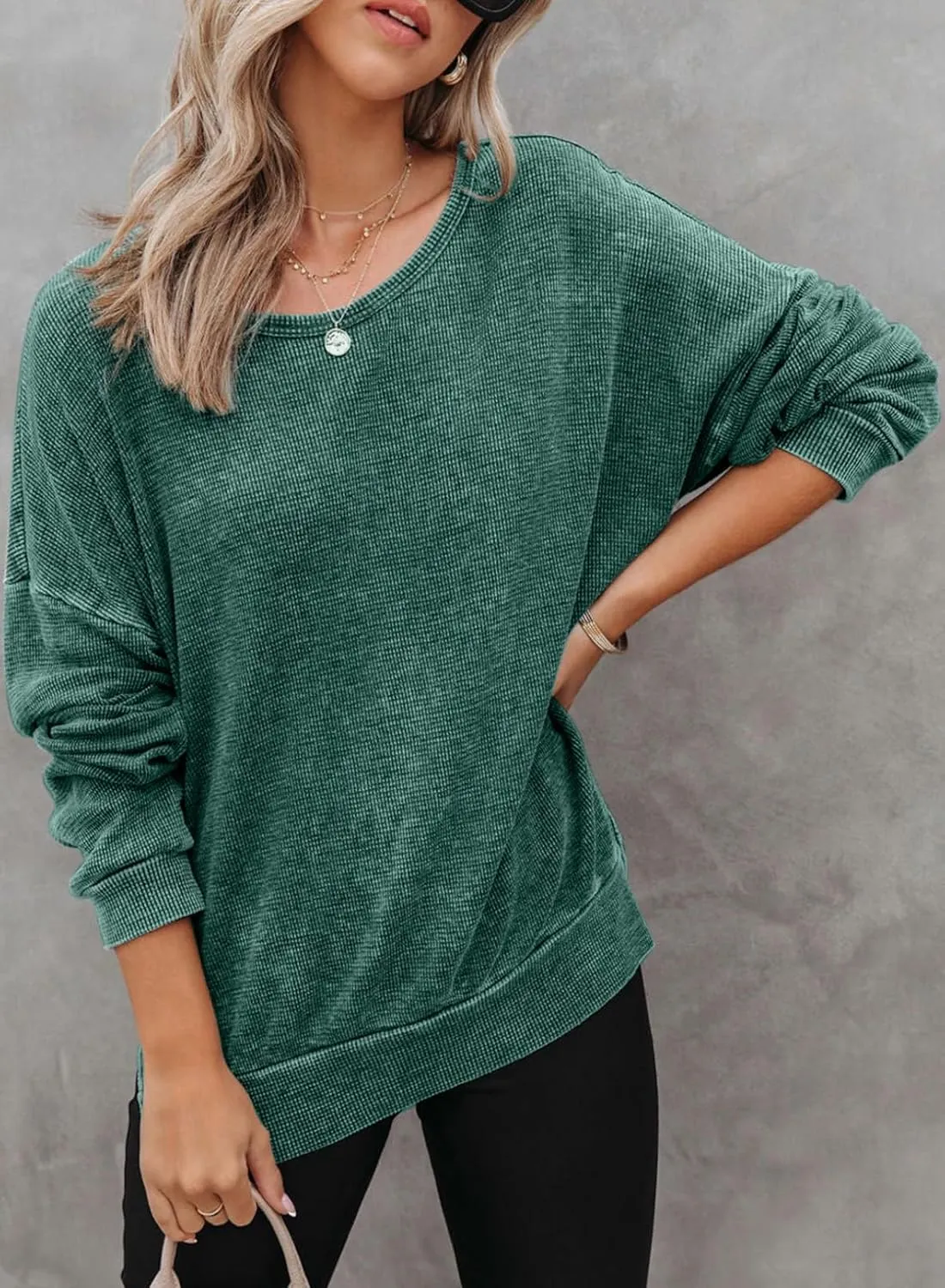 Dokotoo Womens Oversized Waffle Knit Crewneck Sweatshirts Long Sleeve Side Slits Casual Pullover Sweatshirt Tops