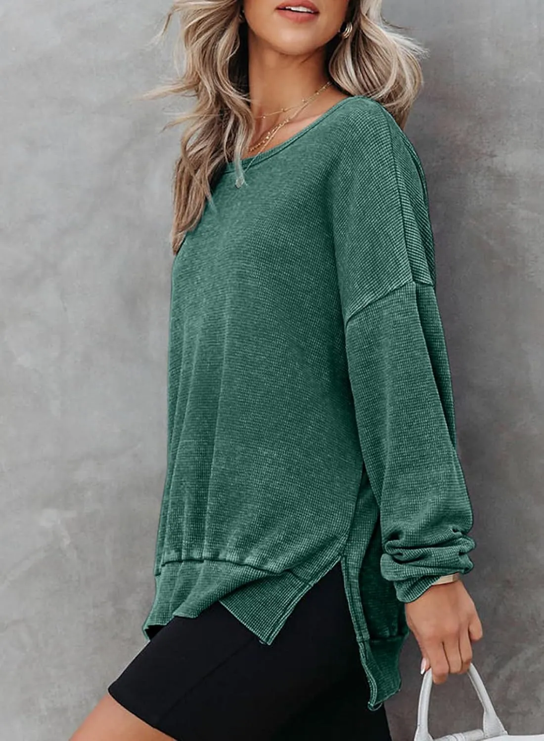 Dokotoo Womens Oversized Waffle Knit Crewneck Sweatshirts Long Sleeve Side Slits Casual Pullover Sweatshirt Tops