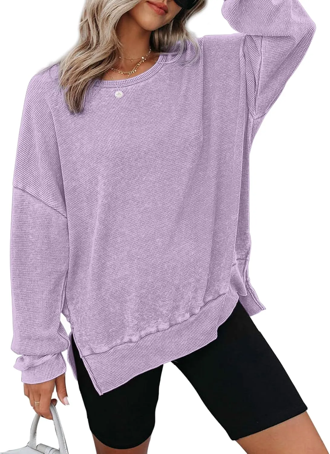 Dokotoo Womens Oversized Waffle Knit Crewneck Sweatshirts Long Sleeve Side Slits Casual Pullover Sweatshirt Tops