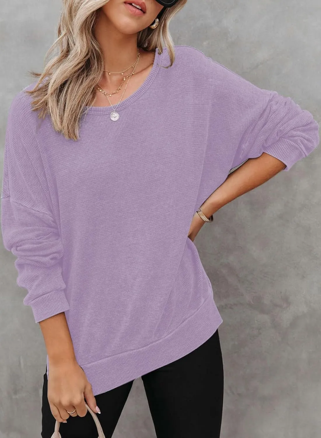 Dokotoo Womens Oversized Waffle Knit Crewneck Sweatshirts Long Sleeve Side Slits Casual Pullover Sweatshirt Tops