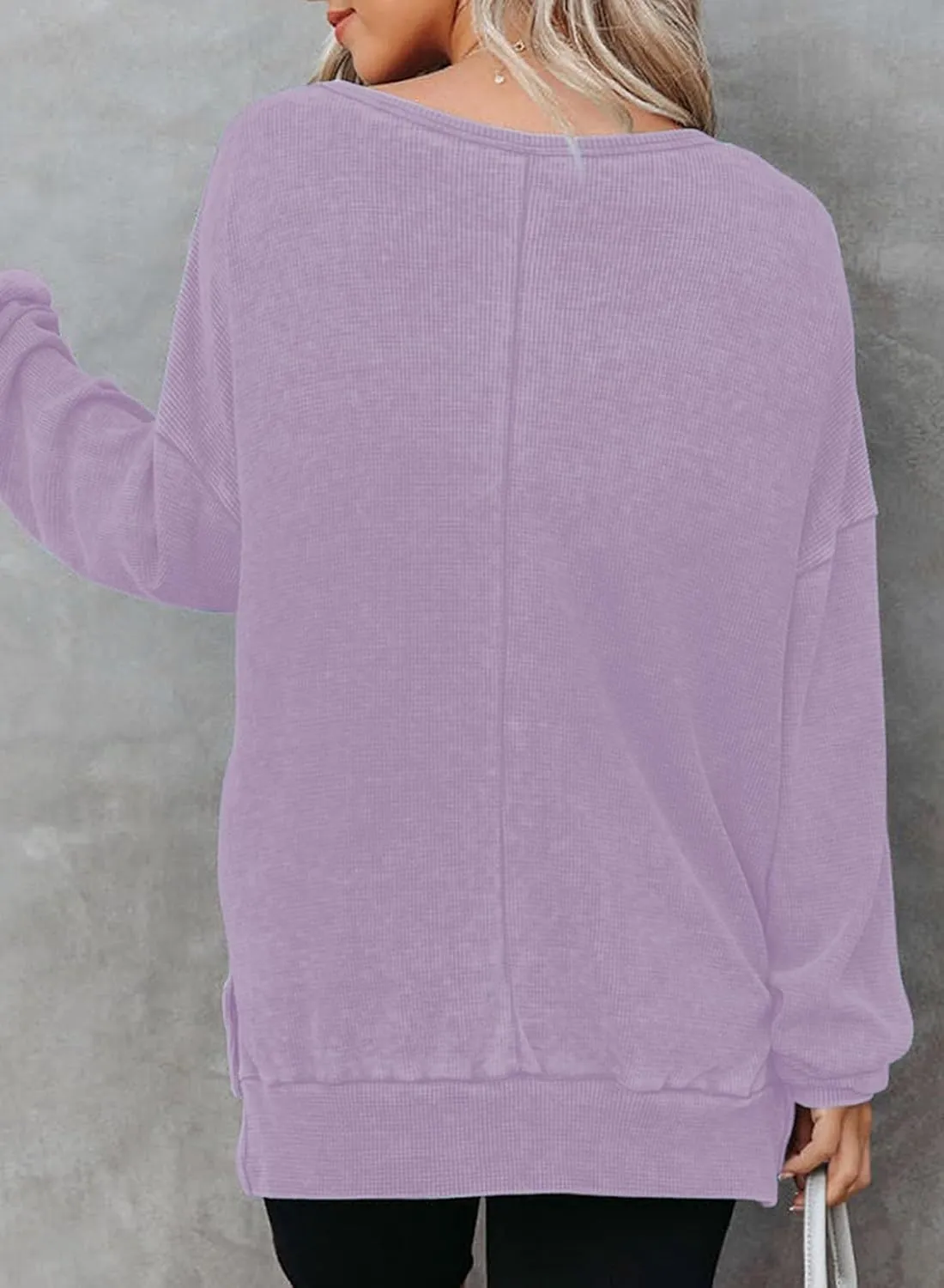 Dokotoo Womens Oversized Waffle Knit Crewneck Sweatshirts Long Sleeve Side Slits Casual Pullover Sweatshirt Tops