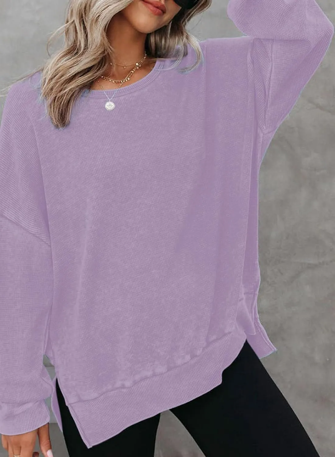 Dokotoo Womens Oversized Waffle Knit Crewneck Sweatshirts Long Sleeve Side Slits Casual Pullover Sweatshirt Tops