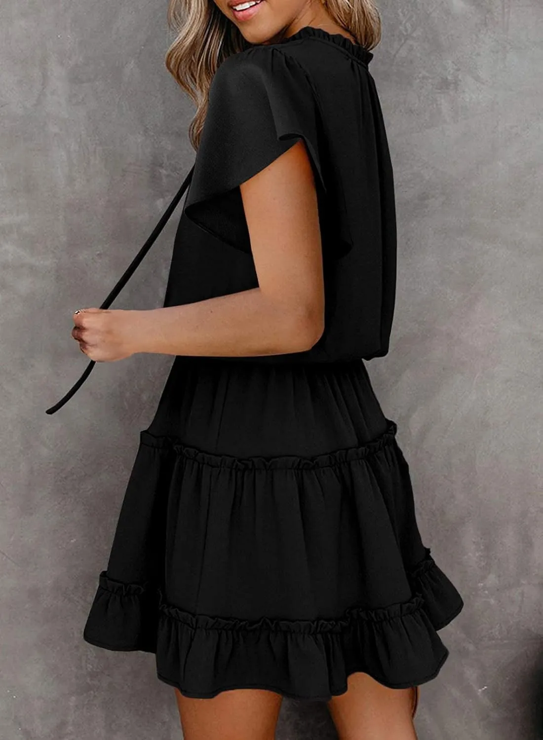 Dokotoo Womens Spring Summer 2025 Short Sleeve Split V Neck Ruffle Chiffon Elegant Mini Short Skirt Dresses