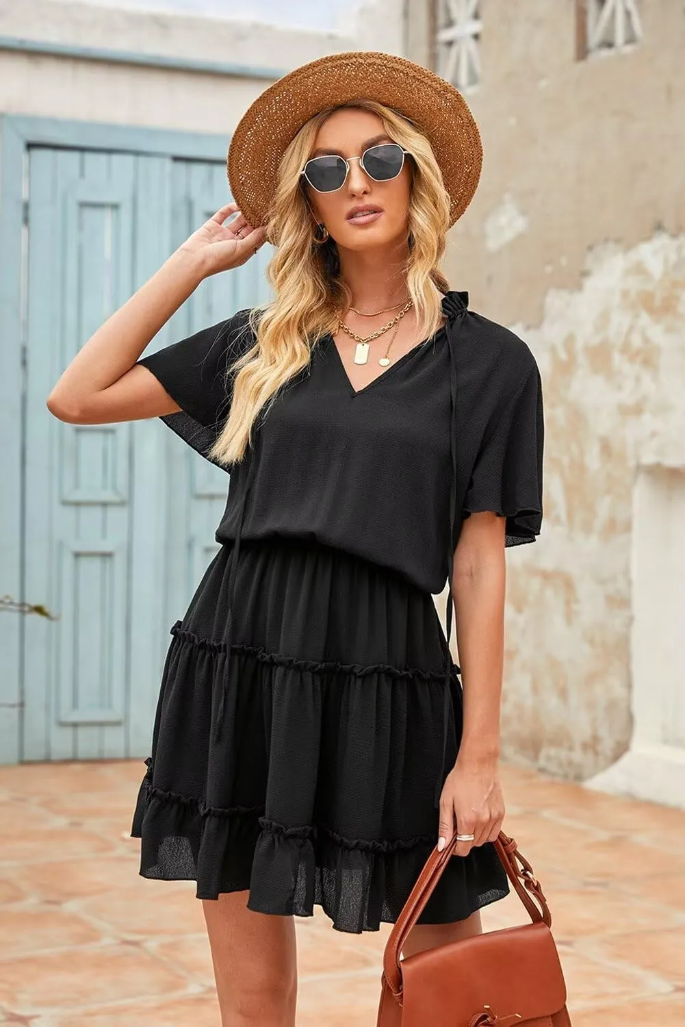 Dokotoo Womens Spring Summer 2025 Short Sleeve Split V Neck Ruffle Chiffon Elegant Mini Short Skirt Dresses