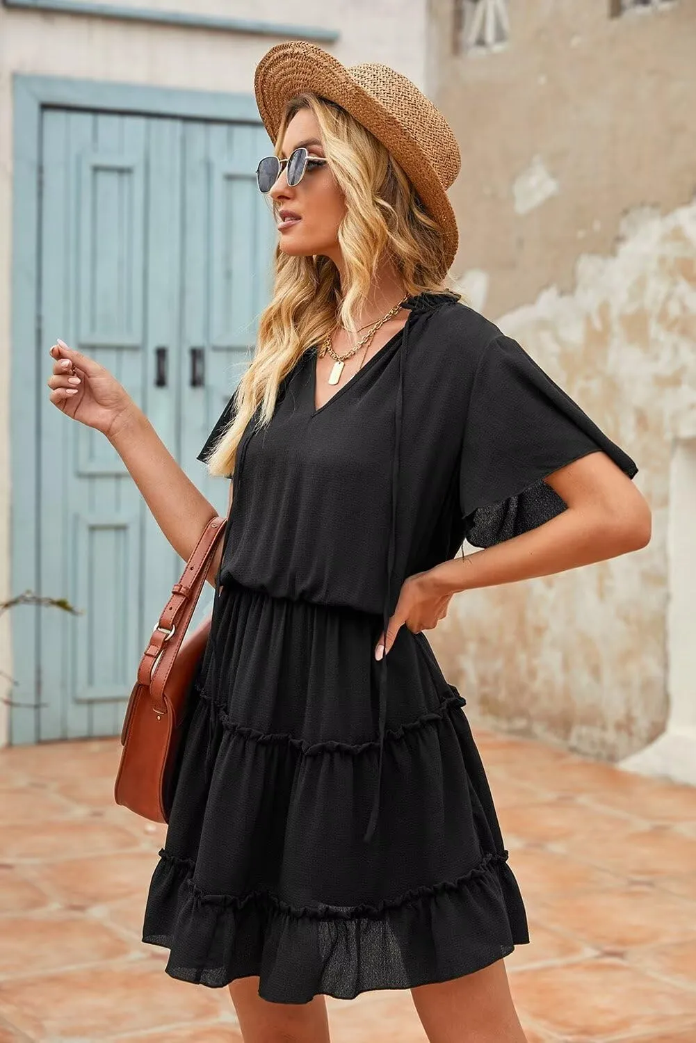 Dokotoo Womens Spring Summer 2025 Short Sleeve Split V Neck Ruffle Chiffon Elegant Mini Short Skirt Dresses