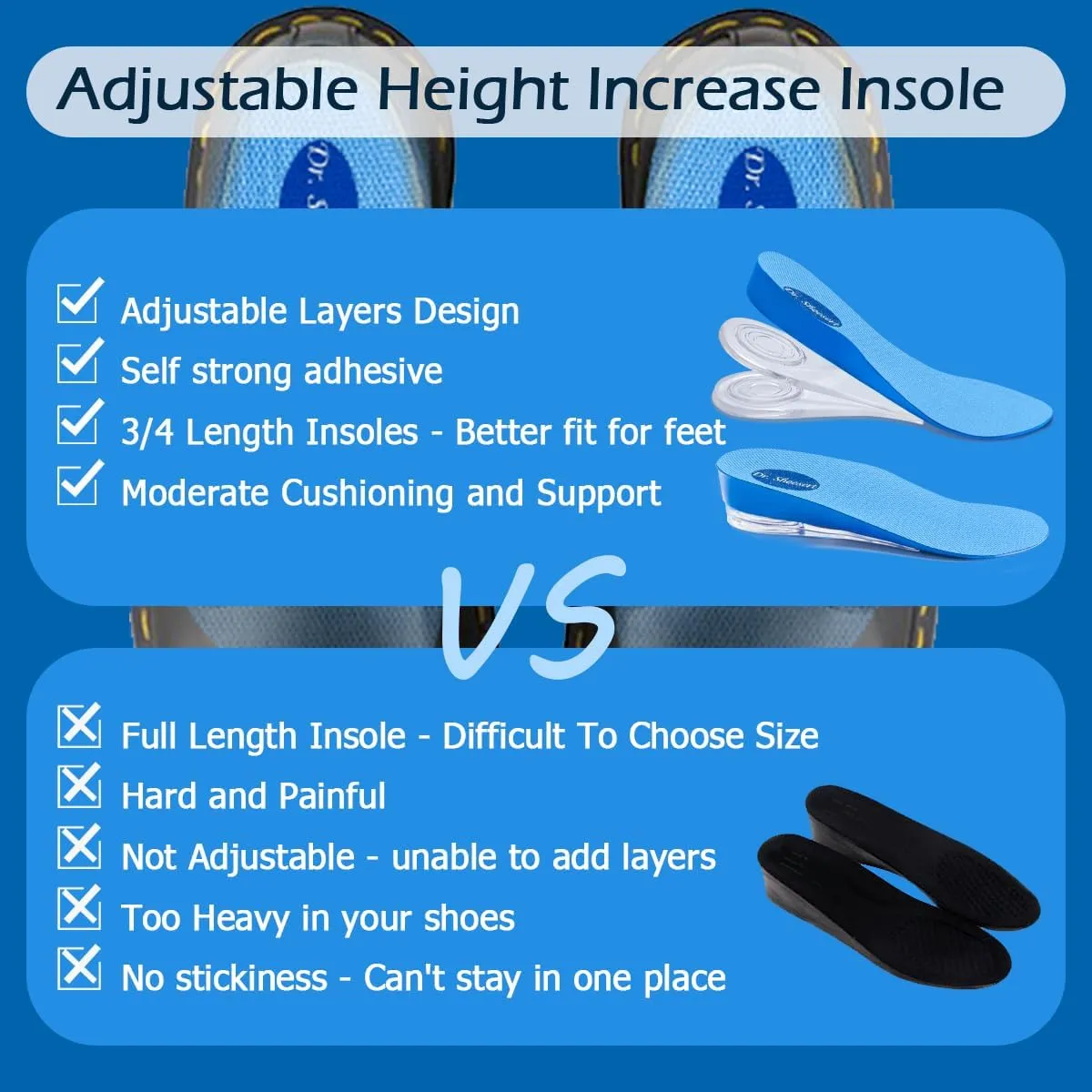Dr. Shoesert 3-Layer Adjustable Height Increase Insoles, 3/4 Length Shock Absorption Cushion Heel Lift Inserts