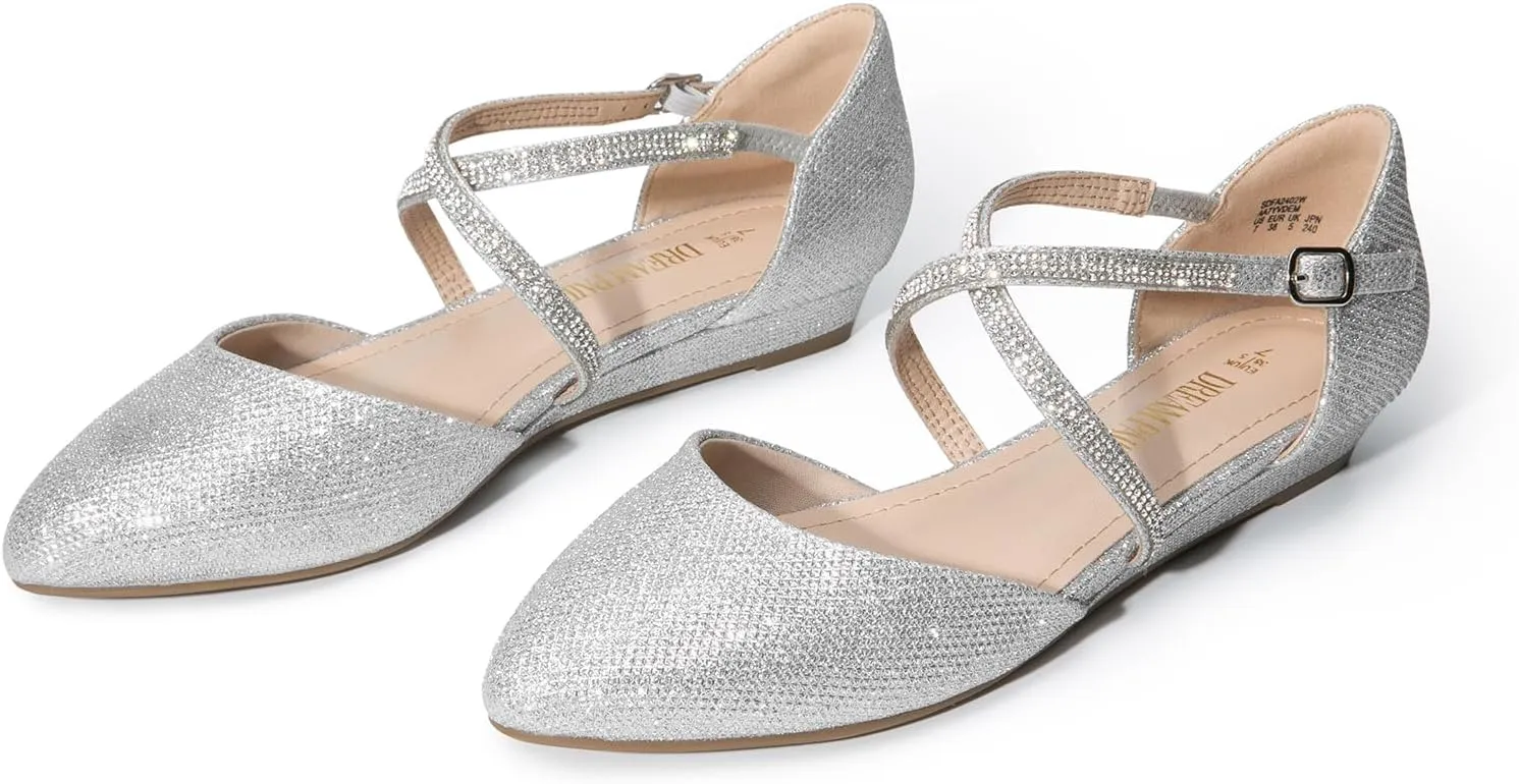 DREAM PAIRS Pointed Toe Low Wedge Heeled Ankle Strap Flats Shoes for Women Dressy Comfortable, Casual Slip-on Dress Shoes for Business Office and Work