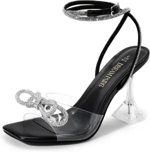 DREAM PAIRS Stiletto Bow Heels for Women Strappy Sparkly Rhinestone Square Toe Clear Crystal High Sandals for Party Wedding